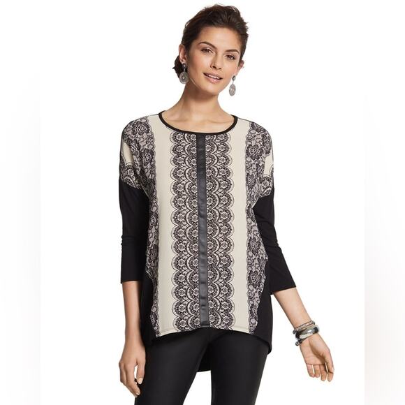 Chico’s Lace Pattern Block Pattern Top EUC Sz 16 Faux Leather 3/4 Sleeves - Picture 13 of 13